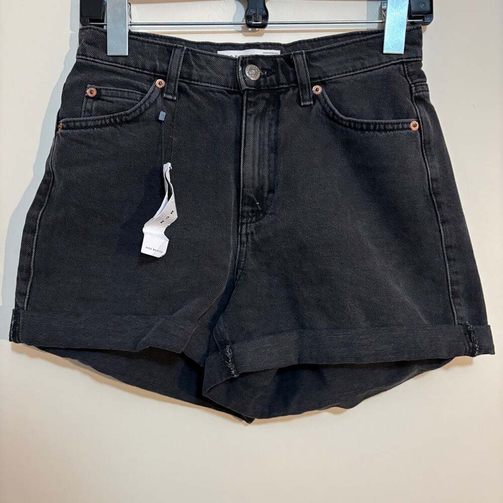 Topshop Mom Denim Shorts Womens 4 Black High Waisted Cuffed New With Tags